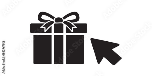 Present box with bow and mouse pointer thin line icon, cyber monday concept. Vector graphics. Box with cursor, gift sign on white background, style icon mobile or web design