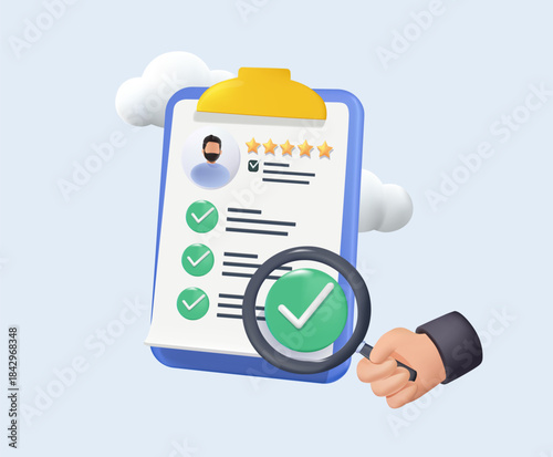 Profile document being examined with a magnifying glass, a user icon and a gear symbol 3D vector Illustration. Conveying