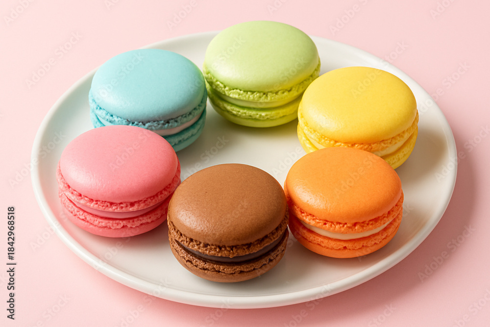 Obraz premium Colorful macaroons arranged on a white plate against a pink background