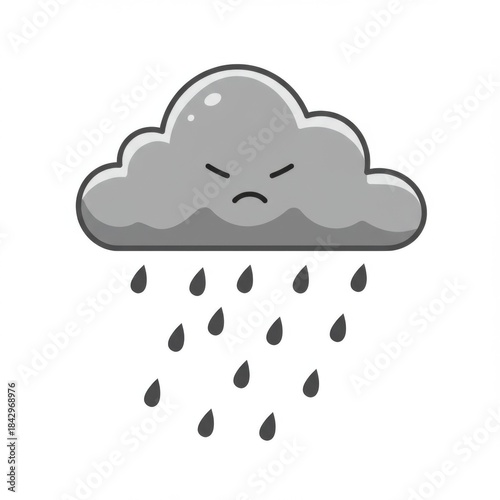 Pixelated Gray Cloud with Rain Drops and an Angry Expression on a White Background