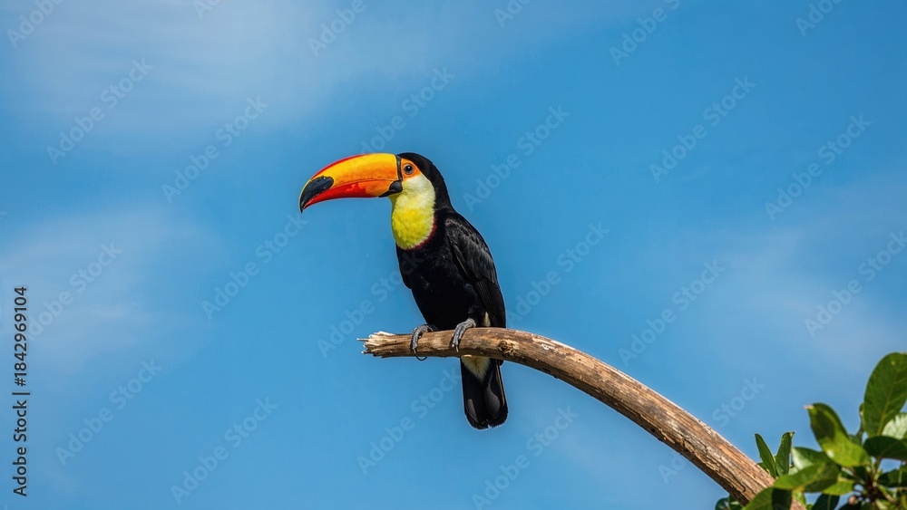 Fototapeta premium A toucan perched on a branch against a blue sky background.