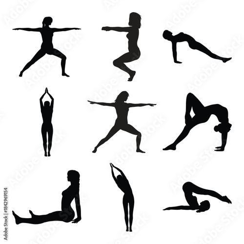 Silhouette of females in various yoga poses