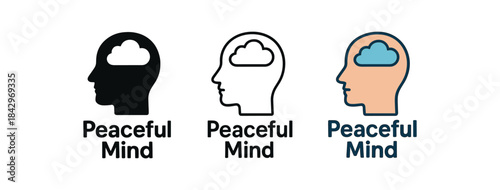 lettering icons three word icons with text peaceful mind one flat solid monochrome one thin black outline black and white one full color flat icon