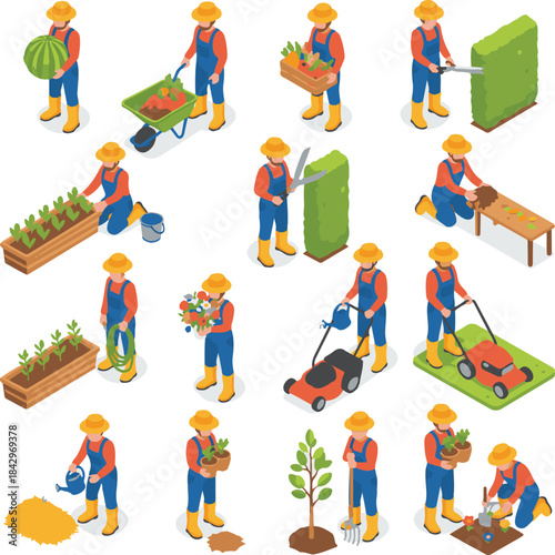 Isometric Vector Set of Gardeners Performing Various Tasks