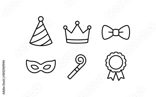 six birthday accessories party hat crown bow tie mask noisemaker rosette badge blank bold black outlines minimal detail clean white background flat vector illustration no color