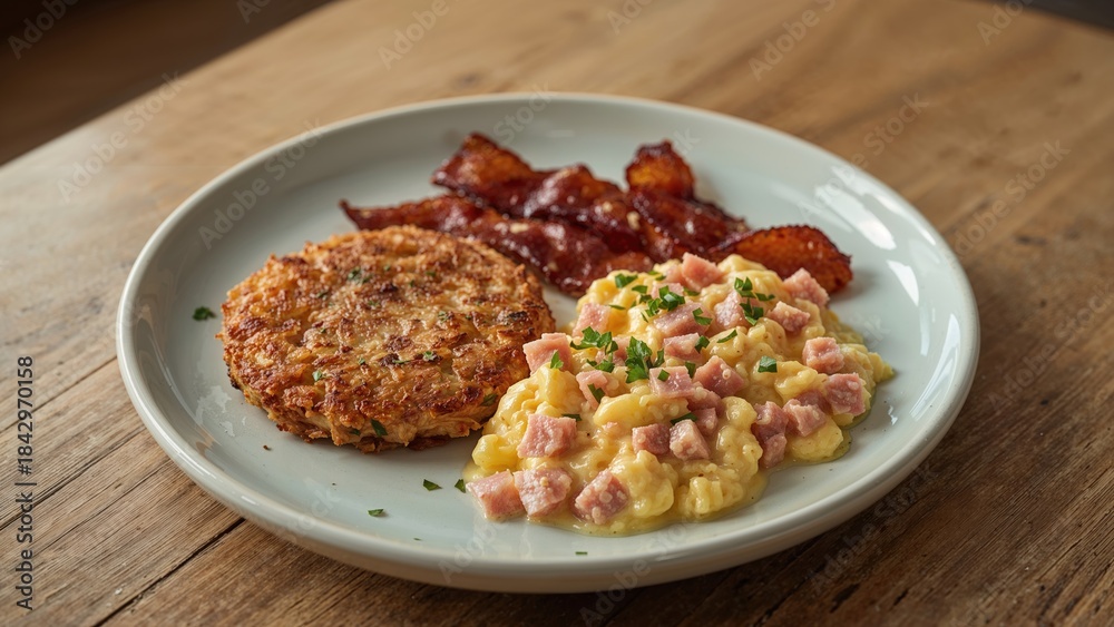 Fototapeta premium Fried chicken cutlet with bacon, scrambled eggs with ham and cheese, served on a white plate on a wooden table.