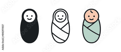 swaddle icons three wrapped baby bundle silhouettes one flat solid monochrome one thin black outline black and white one full color flat icon light pastel wrap