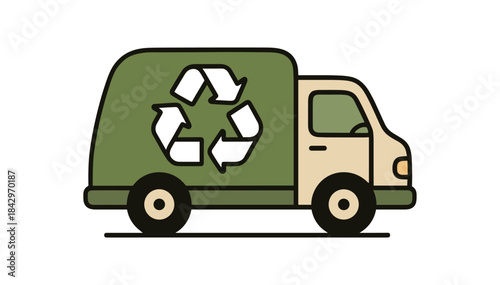 Flat vector illustration of recycling truck with soft rounded body and arrow symbol soft rounded shapes clean outline recycling upcycling cozy eco style