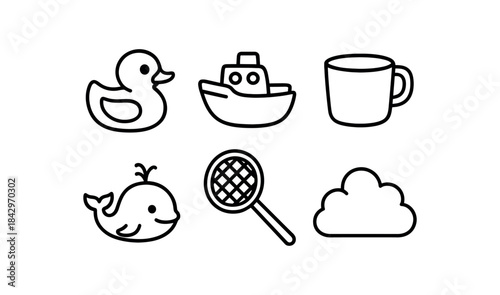 six bath play toys rubber duck boat cup whale fishing net foam cloud bold black outlines minimal detail clean white background flat vector illustration no color