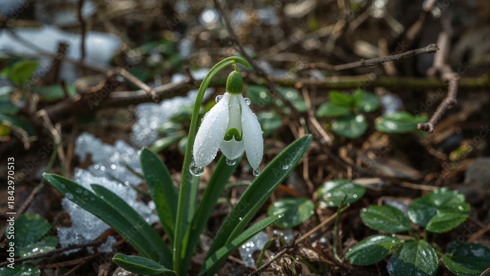 Obraz premium Single snowdrop flower blooming among soil and green leaves with water droplets, early spring plant, natural outdoor scene.
