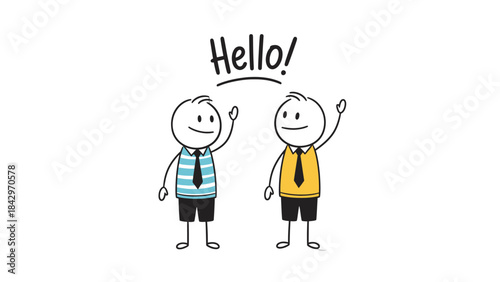 Two friendly stick figures waving and saying hello, symbolizing greeting and communication and social interaction.