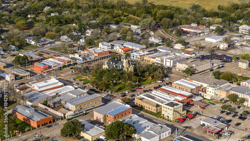 Obraz na płótnie La Grange, Texas, USA - December 2, 2025   Aerial view of West Travis Street, La Grange on an overcast fall afternoon