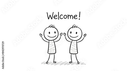 Two stick figures with outstretched arms and smiling faces, welcoming viewers with the word "Welcome!" written above them.
