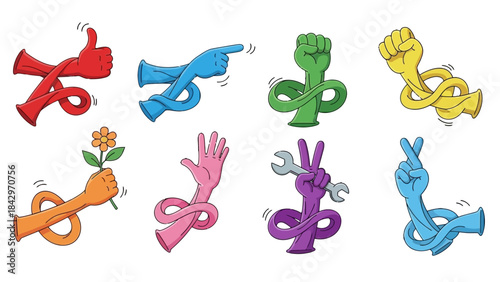 Collection of eight cartoon hands in various poses and colors, each with a flexible, elongated arm.