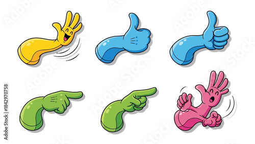A collection of six cartoon hands in various poses and colors, including waving, thumbs up, and pointing gestures.