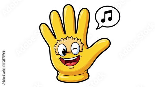A cartoon yellow glove with a winking face and a musical note speech bubble.