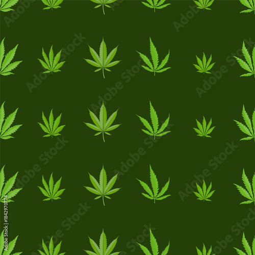 Seamless botanical pattern with cannabis leaves on a dark green background, ideal for medical marijuana themes, pharmacy design, packaging and textiles.