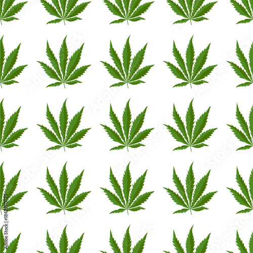 Seamless pattern with green cannabis leaves on a clean white background, suitable for medical cannabis themes, pharmaceutical design, packaging, textiles and botanical projects.