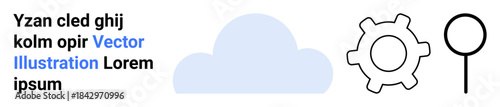 Cloud computing, data analysis, workflow optimization, search, innovation, technology. A blue cloud, gear and magnifying glass. Cloud computing and data analysis concepts