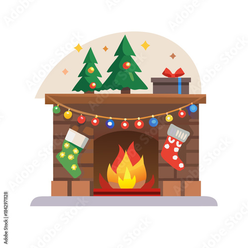 Glowing Christmas fireplace and living room, with tree, and stockings hanging from mantel by fireplace.Waiting for Santa.