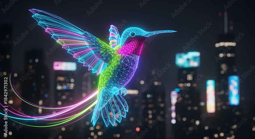 Naklejka premium A creatively enhanced rephrasing of cyberpunk hummingbird made of neon wireframe geometry, wings leaving light streaks mid-flight, depicted with richer detail and a more artistic presentation.