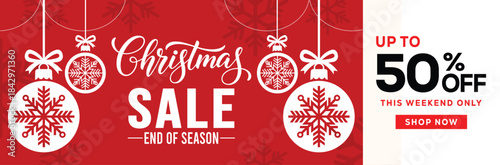 Festive Christmas sale banner with hanging snowflake ornaments, bold holiday typography and promotional text offering up to 50 percent discount on red background, ideal for seasonal retail advertising