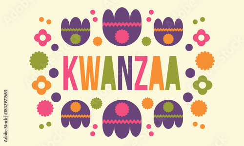 Kwanzaa Happy Celebration. African and African-American culture holiday. Seven days festival, celebrate annual from December 26 to January 1. Black history. Poster, card, banner and background. Vector