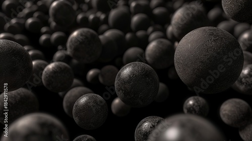 Abstract background of floating black spheres with a rough stone texture. 3D render of microscopic particles or molecules. Science and technology concept