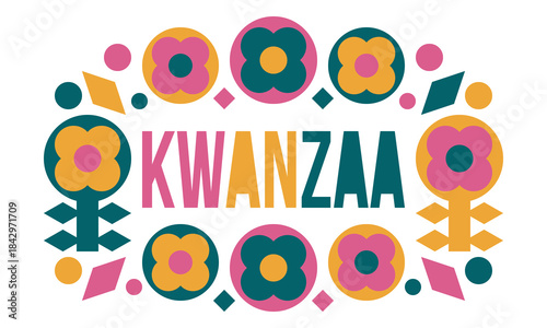 Kwanzaa Happy Celebration. African and African-American culture holiday. Seven days festival, celebrate annual from December 26 to January 1. Black history. Poster, card, banner and background. Vector