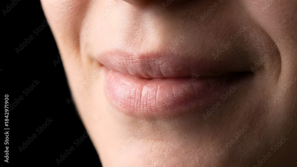 Obraz premium Extreme close-up macro of a woman smiling, showing natural teeth and soft skin texture. Realistic lighting, shallow depth of field, professional macro photography, clean and minimal composition. (9)