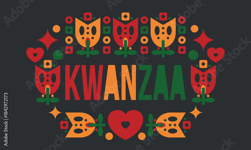 Kwanzaa Happy Celebration. African and African-American culture holiday. Seven days festival, celebrate annual from December 26 to January 1. Black history. Poster, card, banner and background. Vector