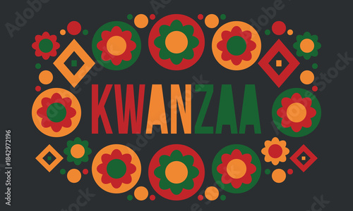 Kwanzaa Happy Celebration. African and African-American culture holiday. Seven days festival, celebrate annual from December 26 to January 1. Black history. Poster, card, banner and background. Vector
