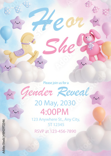 Floral Gender Reveal Invitation – Soft Pink and Blue Baby Shower Template