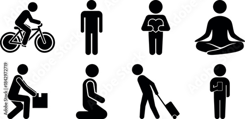 Simple black silhouette icons depicting various everyday human activities and occupations