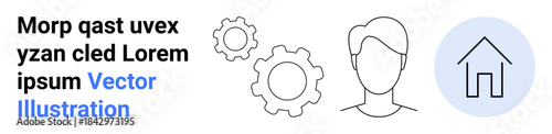 Technology, innovation, teamwork, home, process optimization, futuristic design. Minimalist line art with a head, gears and a house icon. Technology and innovation concept