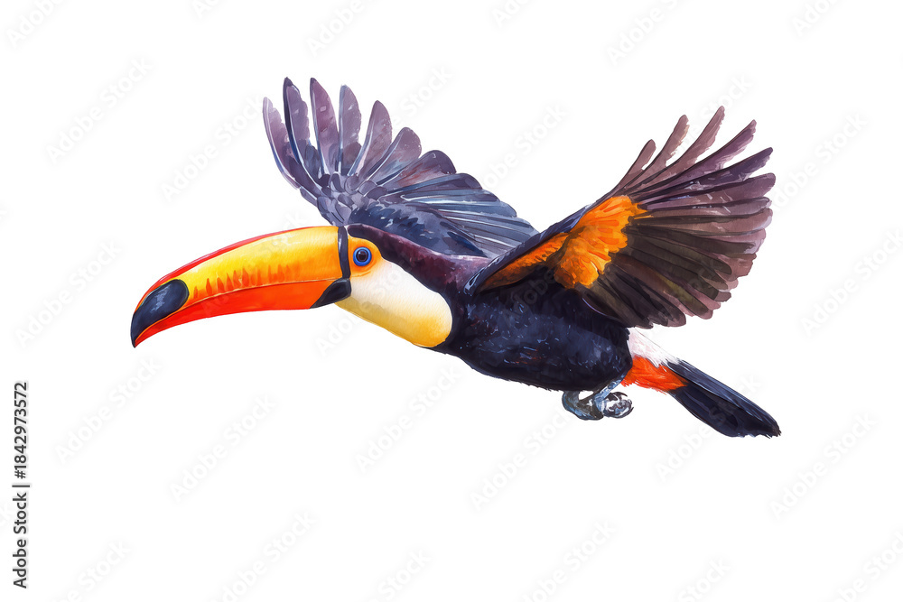 Naklejka premium Flying Toucan hand drawn watercolor exotic bird illustration