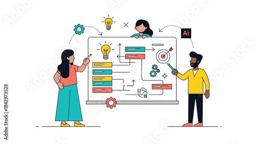 Team collaborating on a project plan with visual aids.