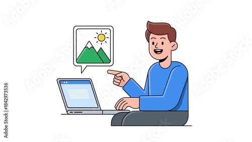 Man pointing at laptop with image of mountains in speech bubble.