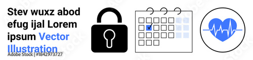 Cybersecurity, time management, health tracking, secure scheduling, privacy tools, healthcare apps. Lock symbol, calendar with a checkmark heart rate icon. Cybersecurity and time management