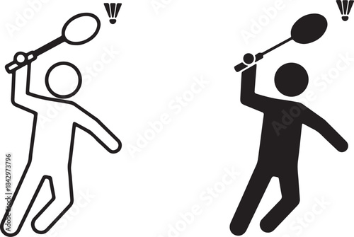 Badminton player in outline and solid black sport athlete also transparent background