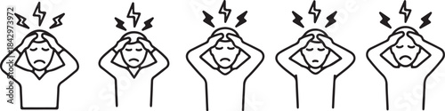 Five men holding heads in distress with lightning bolts headache pain also transparent background