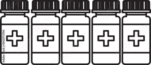 Five medicine bottle with cross symbol pills capsules also transparent background