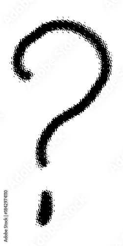 A black, blurry question mark symbol isolated on a white background, conveying a sense of mystery or inquiry