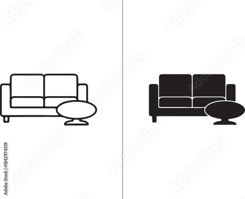 Sofa and coffee table line and silhouette couch furniture also transparent background