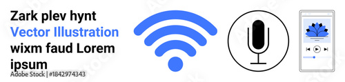 Wireless communication, podcast creation, audio streaming, voice recognition, technology interface, digital media design. wireless symbol, microphone icon and audio app layout. Wireless