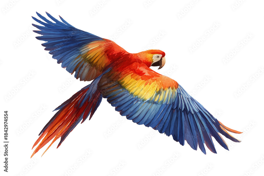 Fototapeta premium Flying Scarlet Macaw parrot hand drawn watercolor bird art