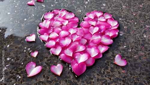 Pink petal heart sitting on a leaf-strewn wet shiny paving stone, photography, romance, beautiful flower, cutest, flower petals, looks cute, dried petals, close-up, stone-heart,