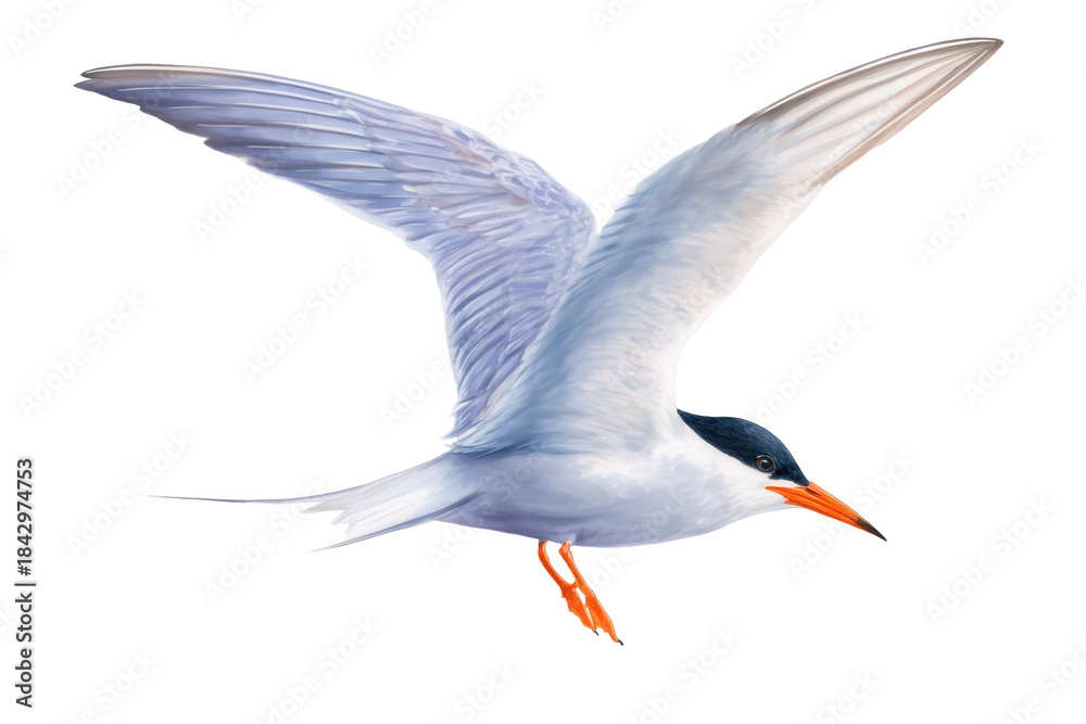 Obraz premium Forster's Tern in flight hand drawn watercolor bird art
