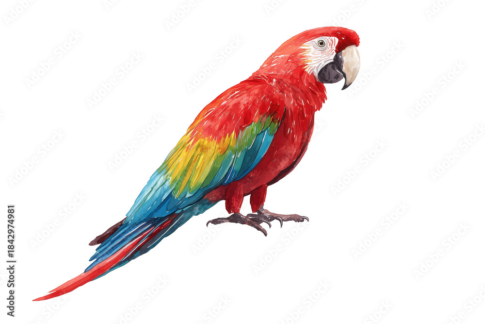 Obraz premium Scarlet macaw parrot standing hand drawn watercolor bird