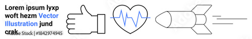 Motivation, health tracking, medical analytics, space exploration, speed, growth. A thumbs-up symbol, heart with heartbeat line and a rocket in motion. Motivation and health tracking concepts